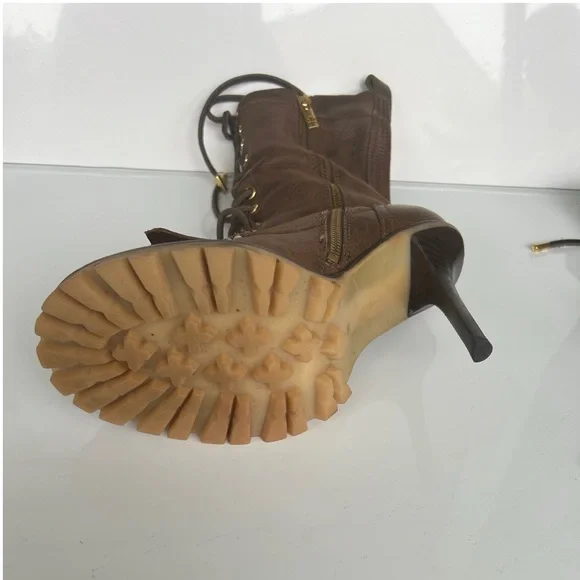 Tory Burch Trigg Brown Leather Rugged Stilleto Heel Kiltie Fringe Boot Size 9. - Picture 6 of 7